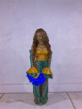 Strapless Gold & Green Patterned African wedding party dress